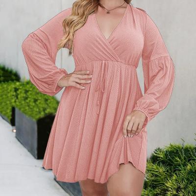 China 2022 Spring Women Summer New Leisure Long Sleeve V-Neckline Anti-wrinkle Plus Size Midi Dress Manufacturer Supply Competitive Price for sale