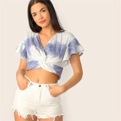 China 2019 Anti-Wrinkle Crop Twist Multicolored Front Butterfly Sleeve Tie Dye Top Women T-shirt Fitted Summer V-Neck Beach Beach Style Boho T-shirt Tops for sale