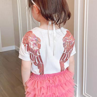 China Girls' Breathable Summer Pure Cotton Shorts Sleeved Instagram Popular Soft Princess Sequin Angel Wing Top T-shirt for sale