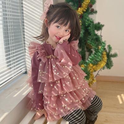 China New Autumn and Winter Girls' Anti-wrinkle Mesh Fluffy Skirt Sparkling Star Style Five Layer princess cake dress for sale