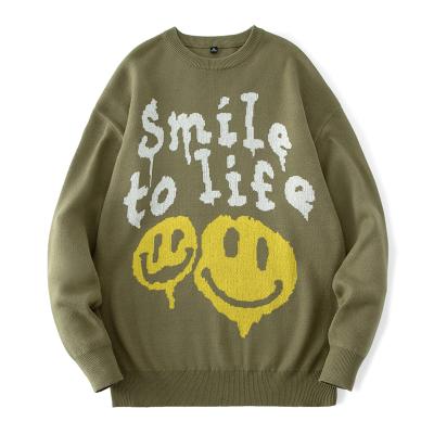 China wholesale Anti-wrinkle 2021 Autumn Winter Smile To Life Oversized Jacquard Cable Knit Sweaters Men Unisex Jumper Sweater Knitting for sale