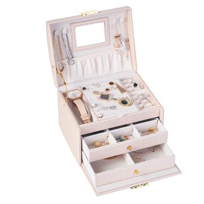 China Mirror PU Drawer Leather Cosmetic Jewelry Box Customized Simple PU Leather+Velvet Bracelet Ear Jewelry Storage Case for sale