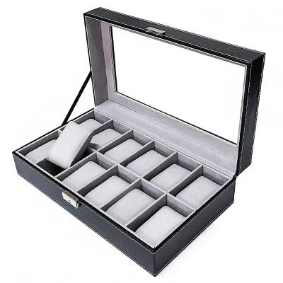 China Custom PU Leather Slot Jewelry Storage Watch Box Organizer Glass Lid Watches Storage Case Logo High-End Travel Lockable 12 for sale