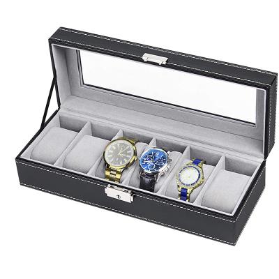 China Factory Wholesale Leather Watch Display Stand Glass Top Organizer 6 Slots PU Lockable Watch Packaging With Box for sale