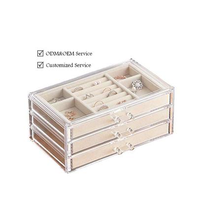 China 3 Drawer Acrylic+Velvet Jewelry Storage Display Case Clear Stackable Acrylic Jewelry Organizer Acrylic Jewelry Box For Women for sale