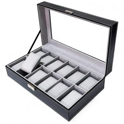 China Wholesale Luxury Soft Slot Leather Storage Faux Leather Factory Lid PU Jewelry Case Jewelry Case Glass Watch Box 12 for sale