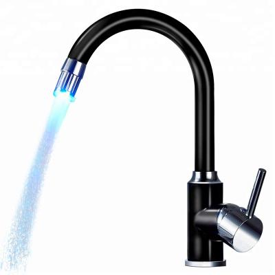 China 360 Degree Kitchen Sink Faucet LED Water Flow Multi-Color Luminous Black Single Handle Rotating Single Hole Matte Adjustable Faucets for sale