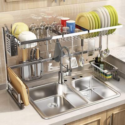 China Sustainable Dish Drying Rack Stainless Steel 2-Tier Dish Rack With Cup Holder Utensil Rack Cutting Board Knife Rack Drain Panel for sale