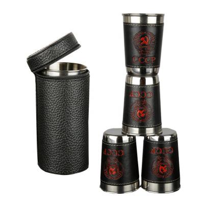 China CLASSIC Custom Drinking Vessel 170ml Metal Shot Glass Stainless Steel Stainless Steel Mug Set/4pcs With Leather Sleeve for sale