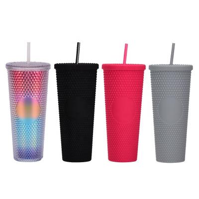 China Double Layer Stocked Straw Durian Cup Bright Diamond Plastic Crystal Studded Tumbler Pink 22oz 710ml New Plastic Coffee Mug With Straw for sale