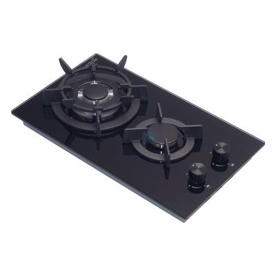 China Black Glass Outdoor Kitchen Cooktop Gas Stove Hob Hotel 30cm Electronic Gas Ignition Built-in Double Head Gas Stove for sale