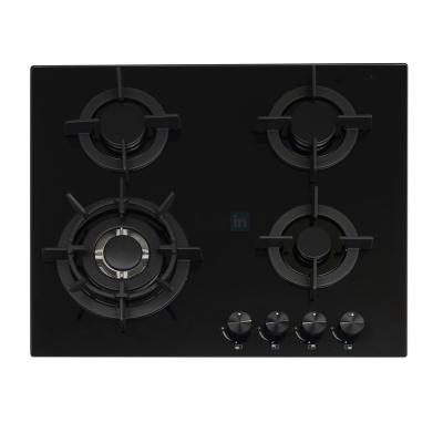 China Hotel 60cm Element Gas Hob Stove Gas Cooktop Kitchen Gas Stove Four Head Black Glass Outdoor Electronic Ignition for sale