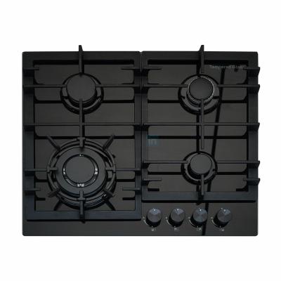 China Hotel 60cm Element Gas Hob Stove Gas Cooktop Kitchen Gas Stove Four Head Ignition Cast Iron Pan Outdoor Black Glass Electronic Rack for sale