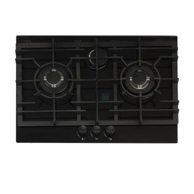 China Hotel 70cm Built-In Gas Hob Stove Gas Cooktop Kitchen Gas Stove Triple Head Ignition Black Cast Iron Pan Glass Outdoor Socket for sale