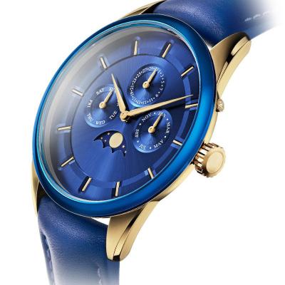 China Full Calendar Men Watch Genuine Mesh Strap Moon Phase Leather Strap New Fashion Unique Style Blue Rose Gold Slim Custom Wristwatch for sale