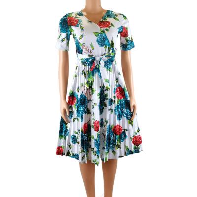 China Plus Size 2021 Fashion Summer Short Sleeve Women Flower Printing Sundress A Line Pleated Beach Dress for sale