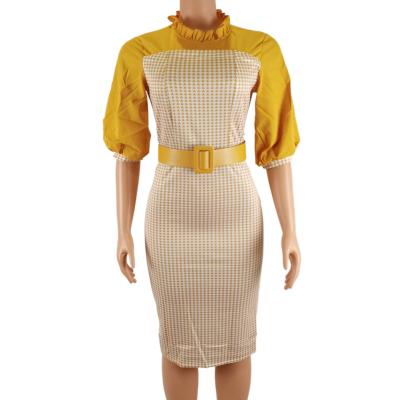 China Office Women Funky Dresses Plus Size Summer Vestidos Plus Size Plaid Collar Party Bodycon Dress Ladies With Belt for sale