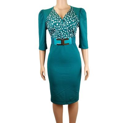 China Elegant Anti-Wrinkle Dot Print Party Women Dresses Casual Lady V-Neck Half Sleeve Mid Calf Pencil Slim Office Dress With Belt for sale