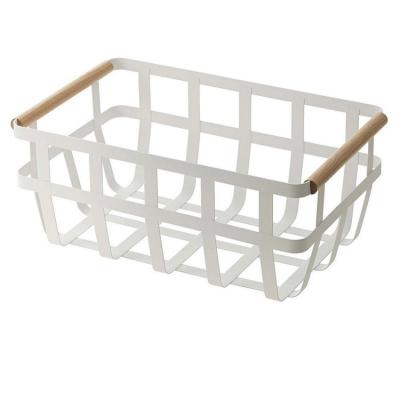 China Sustainable OGJ Square White Metal Storage Basket with Handles Farmhouse Style Home Decorative Rustic Bamboo Organizer for sale