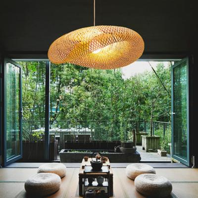 China Residential Hot Sale Art Deco Dining Room Ceiling Lamps Bamboo Wicker Material Led Round Pendant Lamp Fittings for sale