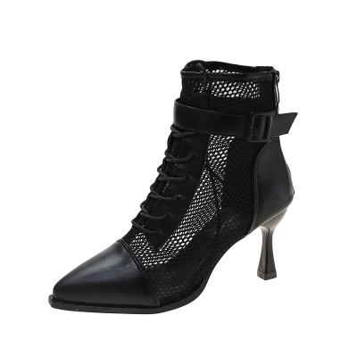 China Fashion Mesh Heel Boots Womens Lace Up Deodorization Casual Ankle Boot Low Heel Pointed Toe Black Boots for sale