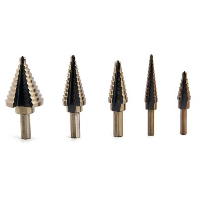 China Metal Drilling 5 Piece Broca Escalonada Triangle Leg Cobalt Groove Hss Step Drill Bit Set With Aluminum Box for sale