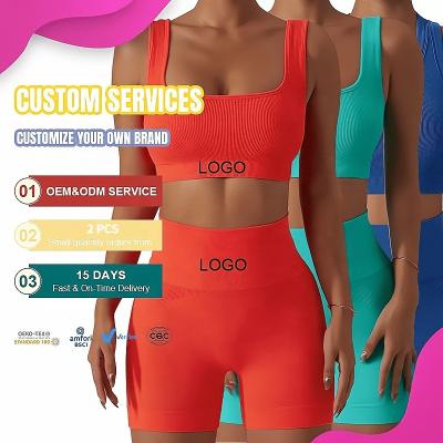 China QUICK DRY Wholesale Custom logo Seamless Yoga Outfit Women Active Wear Gym Clothing Sport Bra Short Set Fitness Gym suit for sale