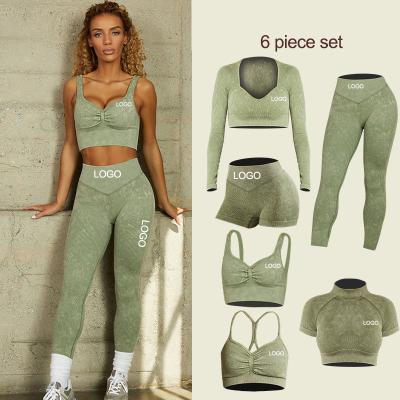 China QUICK DRY Scrub Yoga Suit Women Ectiva Sports Bra Sexy Long-sleeved High-neck Short-sleeved Hip Lift Yoga Pants Yoga Leggings 6piece Suit for sale