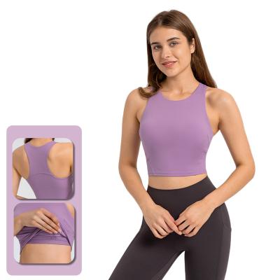 China Breathable 2023 spring and summer new pull-up round tie chest pad yoga vest nude tight high-elastic sports fitness top women for sale