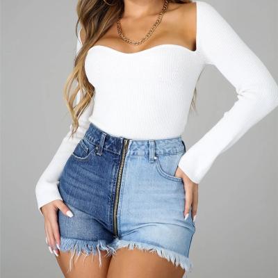 China 2021 New QUICK DRY women's washed yin and yang color zipper slim high waist denim shorts long for sale