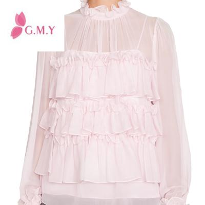 China 2020 Summer Women Style Chiffon Style Casual Elegant Pink Ruffle Long Sleeve Top Blouse for sale