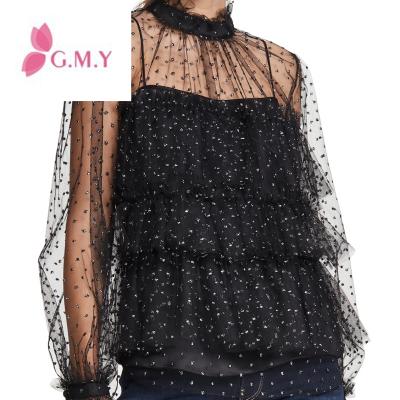 China 2020 New Arrival Summer Women's High-Low Edge Casual Black Sheer Mesh Ruffled Trim Long Sleeve Top Layer Blouse for sale