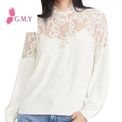 China 2020 Summer Women's Viable Casual Elegant Style Lace Yoke Long Slit Sleeve Top White Blouse for sale