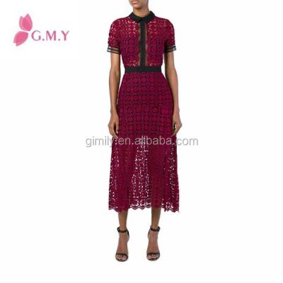 China OEM Middle Eastern Style Women's Wine Red Lace Anti-Static Backless Neck Long Party Dresses for sale