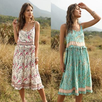 China Breathable Summer Casual Hot Selling Rayon Floral Print Boho Sleeveless Strap Midi Dress for sale