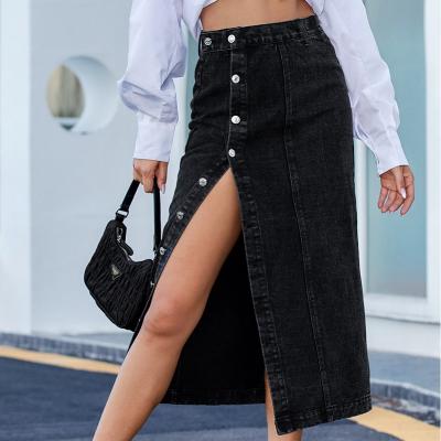 China 2021 New Women's Breathable Skirts Button Up High Waist Denim Irregular Split Skirt for sale