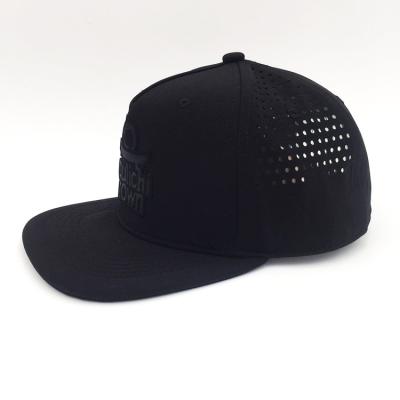 China JOINT Custom Logo Leather Hat Wholesale Laser Patch Hole Black Snapback Hat for sale