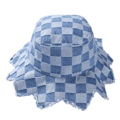 China New fashion OEM checked distressed denim bucket hat hat for women for sale