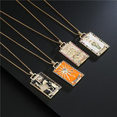 China High Quality Tarot Card Fashion Drip Oil Copper Pendant Necklace Plated 18K Gold Zircon Jewelry Women for sale