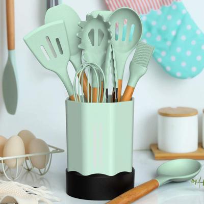 China Sustainable Wholesale High Quality Eco - Friendly Wooden Handle Silicone Kitchen Ware Set for sale