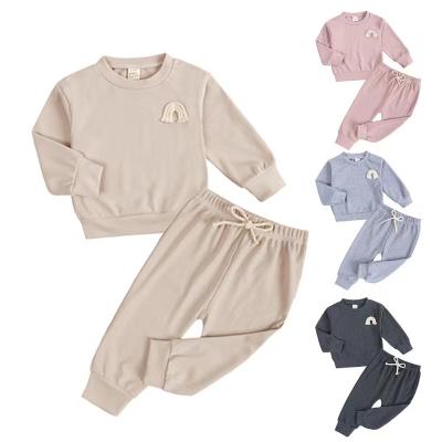 China Wholesale Comfy Autumn And Winter New Round Collar Rainbow Embroidered Long Sleeve Pants Baby Pit Strip Set Children Two Places for sale