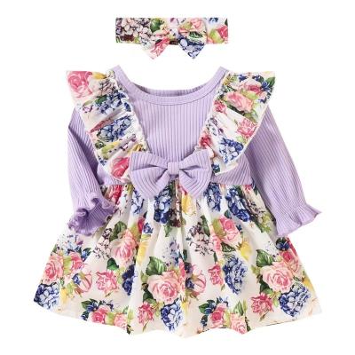 China Autumn Toddler Baby Girls Long Sleeve Solid Color Bow Suspender Flower Dress Long Sleeve Infant Clothes Outfits for sale