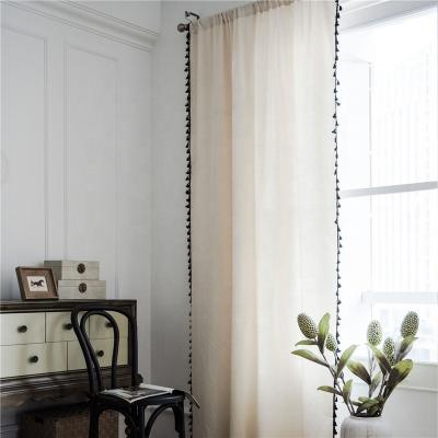 China Fashion linen fabric for curtains black tassel structure shading natural color curtain for home curtain for sale