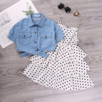 China Breathable 3 Layer Ruffle Denim Shirt Ruffle Polka Dot Dress Baby Girls Clothing Good Price Sets For Girl Summer for sale