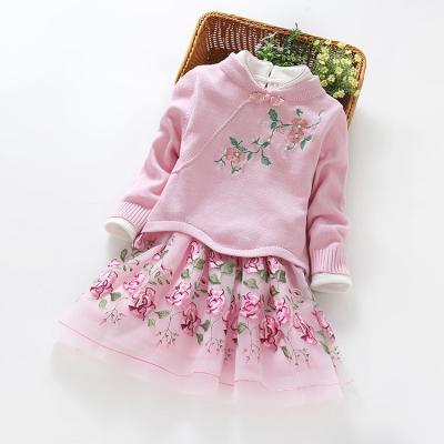 China Latest Spring Loungewear Breathable Vintage Neck Long Sleeves Sweater Layered Tulle Skirt Girls Two Piece Dress for sale