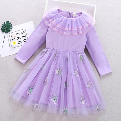 China Breathable Customize Autumn Party Dress Embroidery Layered Casual Turn Back Neck Sheath Long Tulle Dress for sale