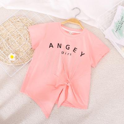 China New style pattern design anti-pilling cute pink kids clothes knitted uneven edge girls T-shirts with knot for sale