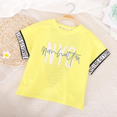 China New Design Summer Anti-pilling Sleeve Cuff Print Cotton Girls Yellow Knitted T-shirt For Kids for sale