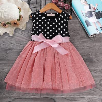 China Breathable Customize Detachable Ribbon Belt Layered Tulle Skirt Polka Dot Print Tank Bodice Summer Girls Dress for sale