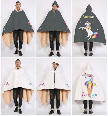 China Yiwu PORTABLE Supplier Warm Hooded Wearable Blanket Unicorn Pattern Printing Fleece Stuffed Cloak Throw Shawls Blanket for sale